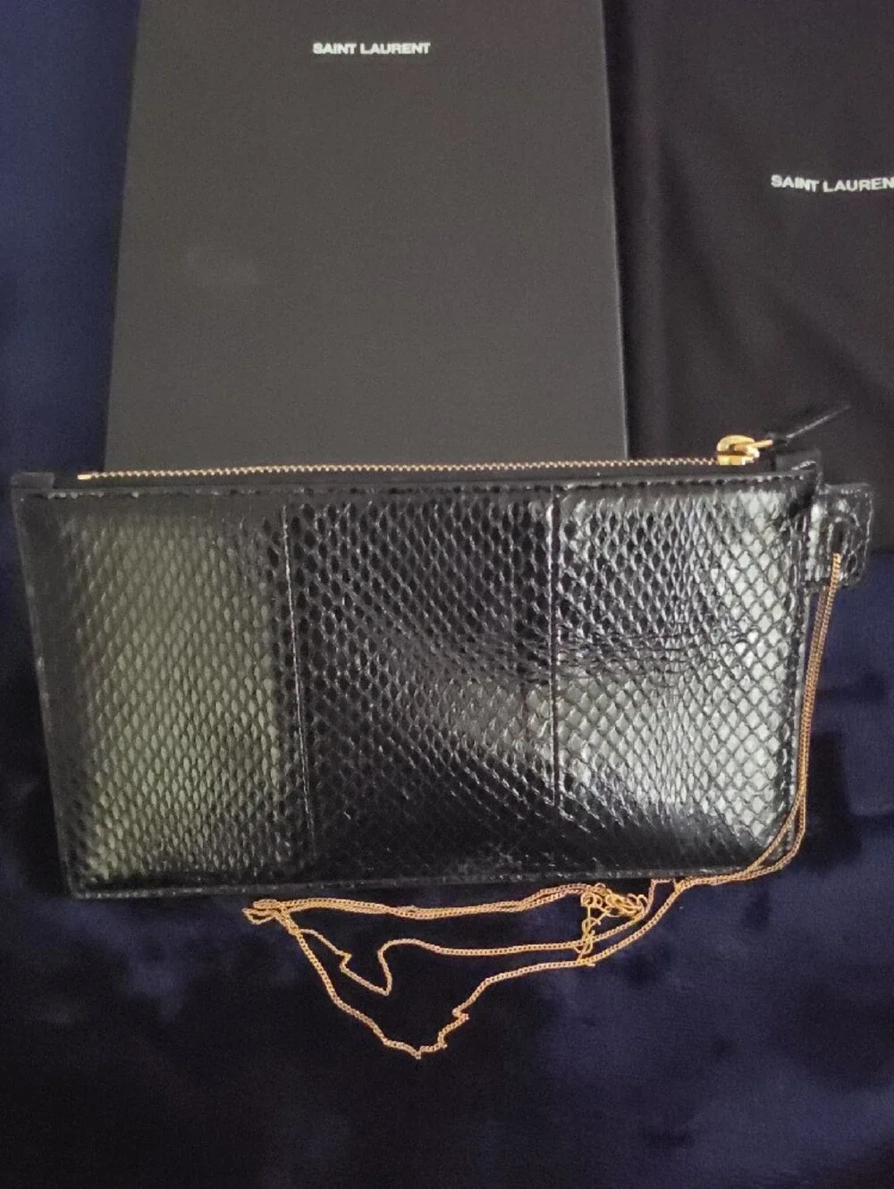 Saint Laurent Black Snake-Embossed Leather Chain Pouch with Gold Hardware